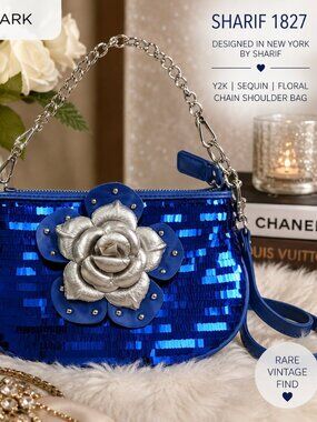 Vintage Sharif New York Electric Blue Sequin Floral Chain Shoulder Bag Y2K